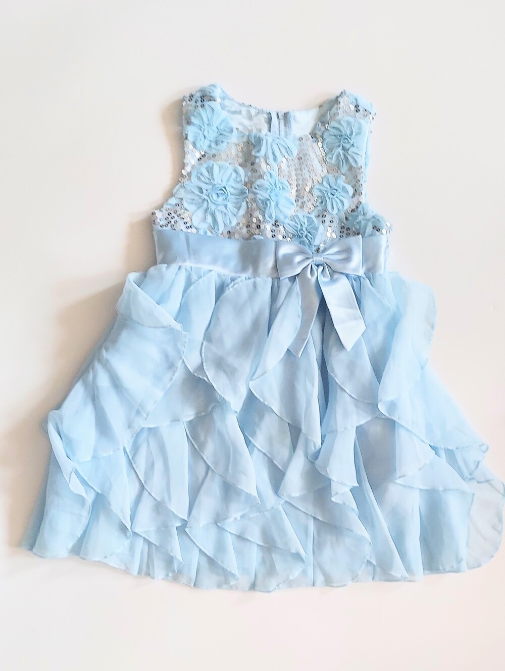 American Princess Sleeveless Sequin Floral Ruffle Skirt Dress Blue Size 6